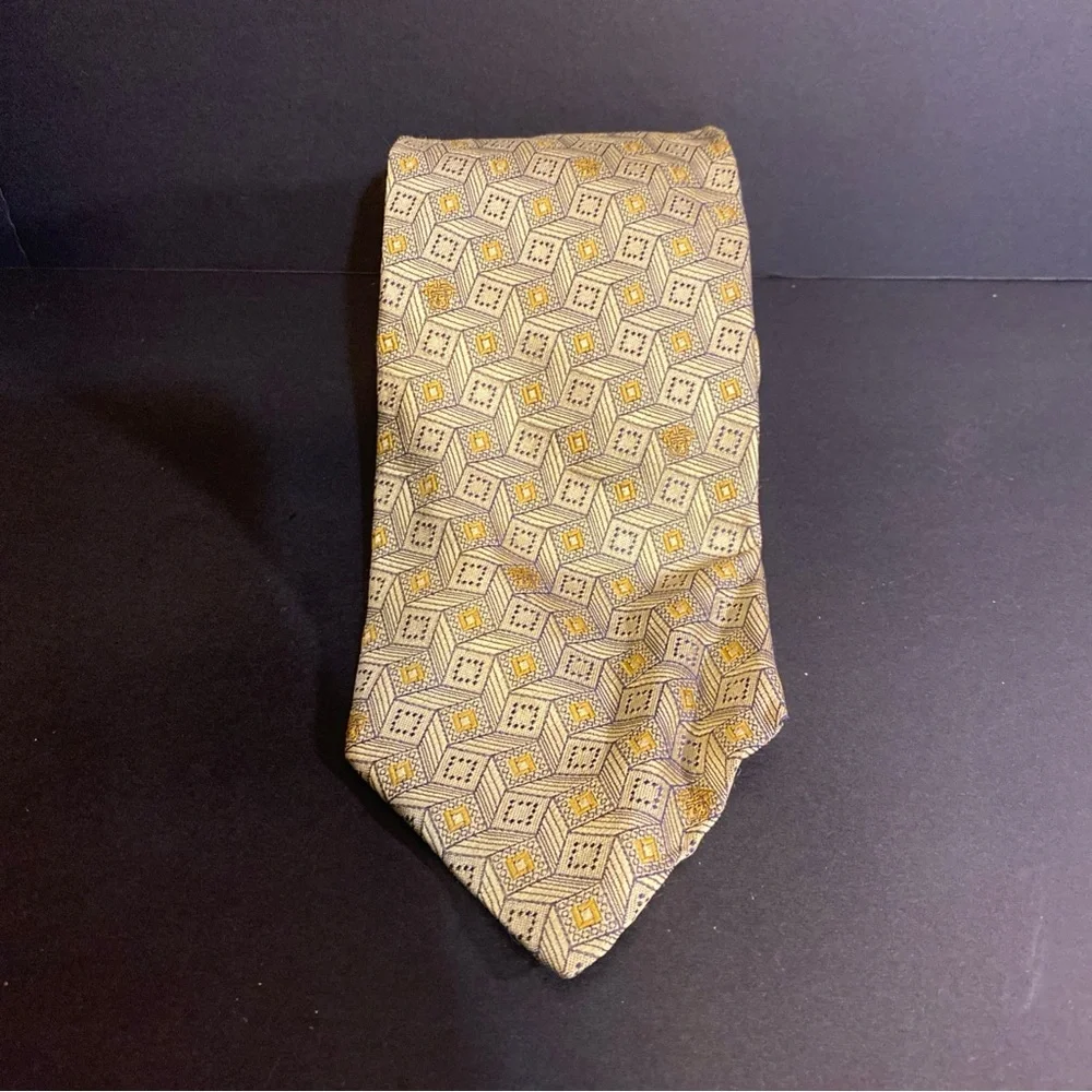 Versace Gold 3‎ Dimensional Cube Geometric Design 100% Silk Luxury Neck Tie